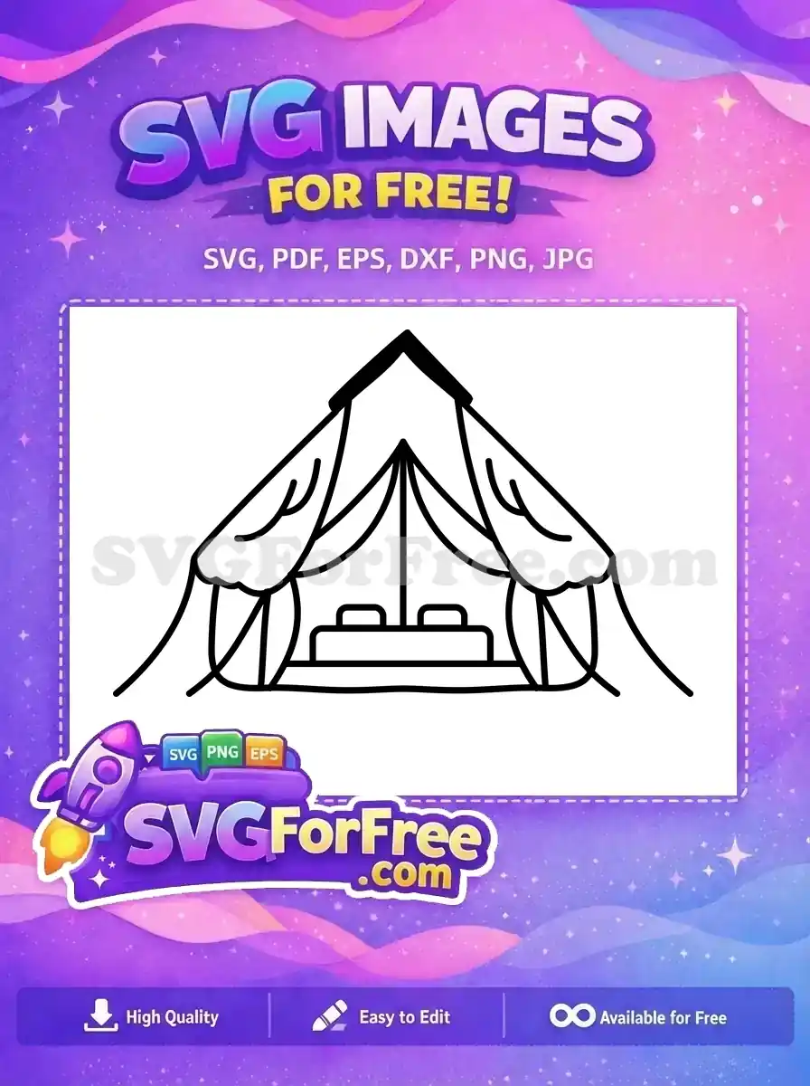 Free glamping tent SVG featuring a cozy bed inside, ideal for luxury camping and outdoor lifestyle designs. Download this free vector now.