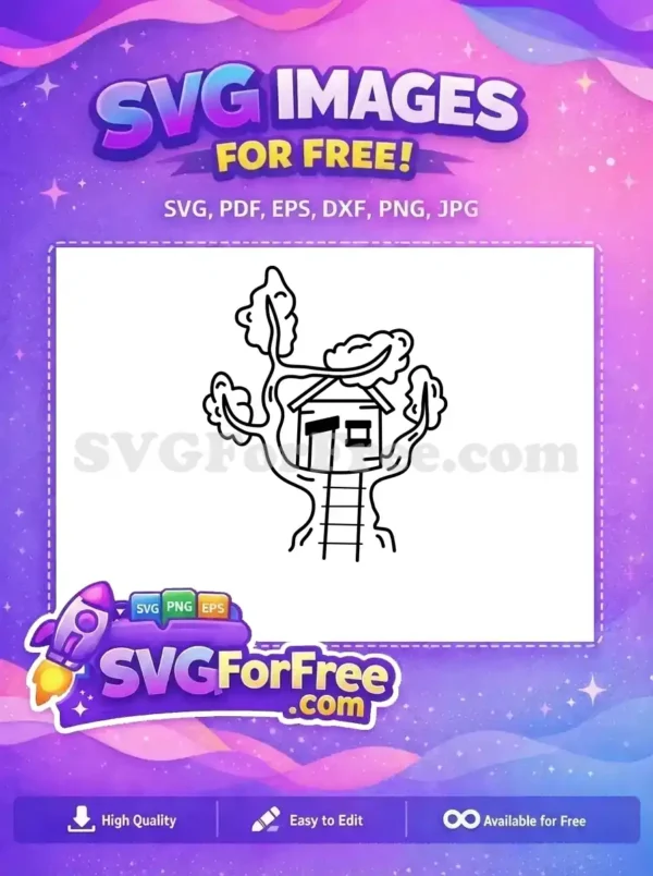 Download this free, whimsical treehouse SVG design, featuring a quaint house nestled in a sturdy tree with a ladder. Free for all.
