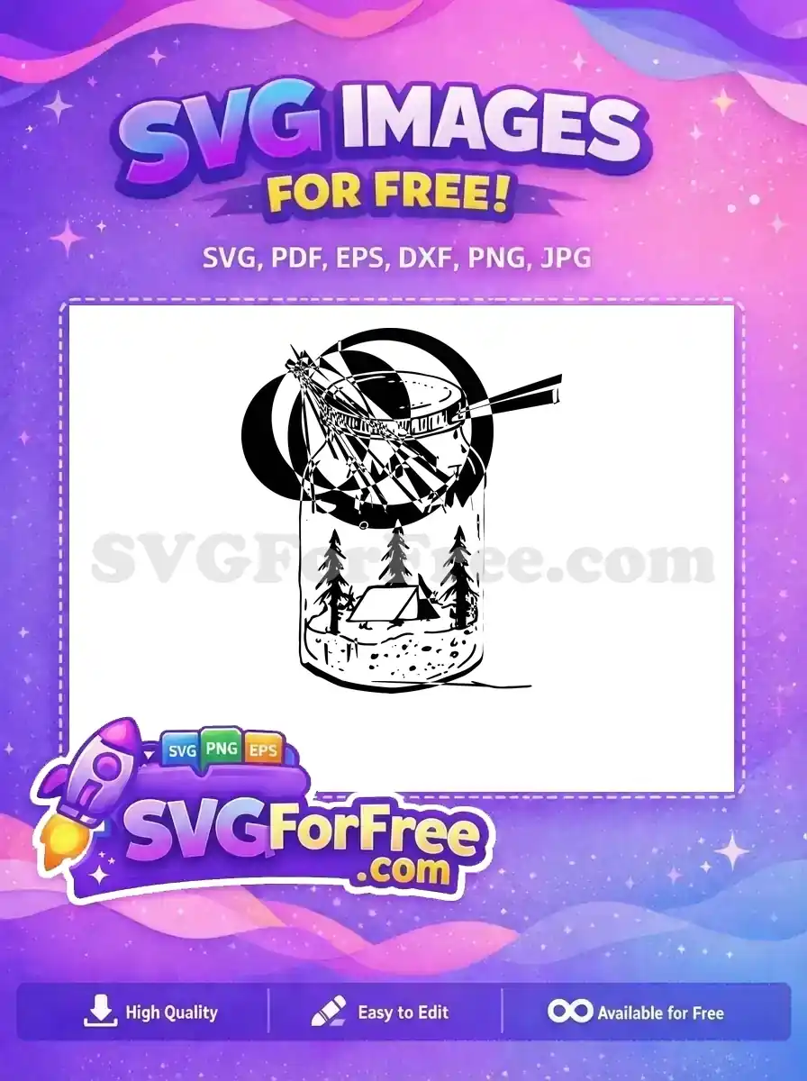 A captivating free SVG design featuring a camping scene inside a jar with dynamic abstract lines. Free for creative use.