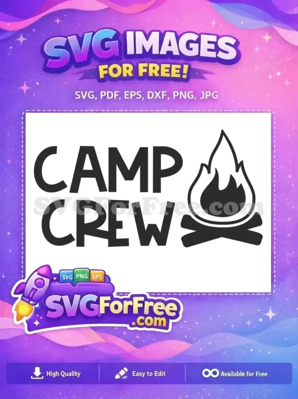 Free 'CAMP CREW' text with a campfire, perfect for outdoor apparel. This free SVG design offers versatile crafting possibilities for enthusiasts.