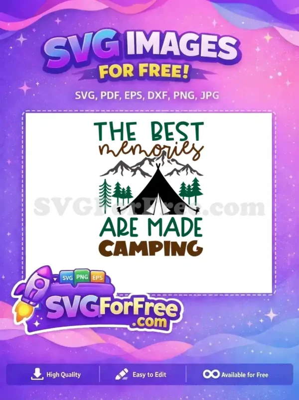 A delightful free SVG design featuring a camping tent, majestic mountains, and pine trees, celebrating outdoor memories.