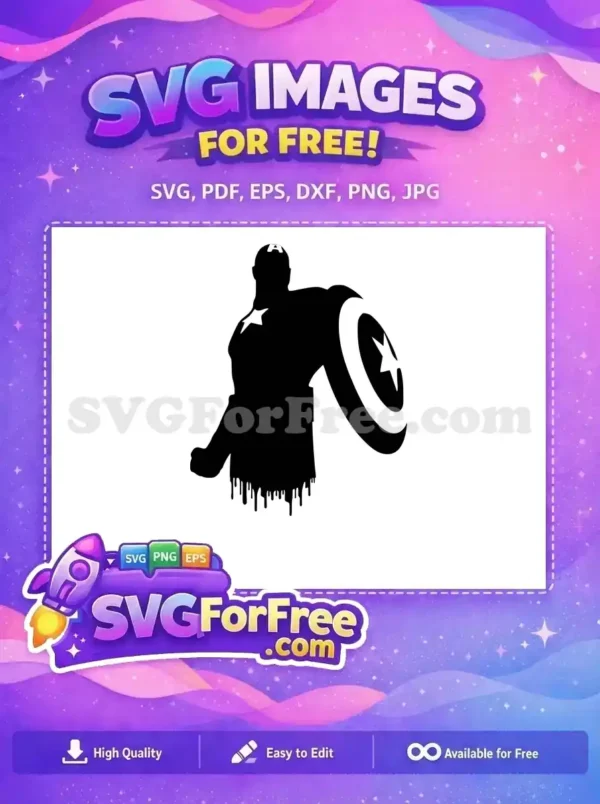 A dynamic black silhouette of Captain America with his iconic shield and a cool dripping effect. Get this free design!