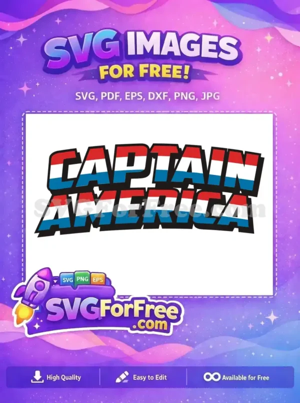 A free Captain America logo SVG, featuring bold red, white, and blue striped letters with a black outline. This iconic design is perfect for superhero fans and available for free.