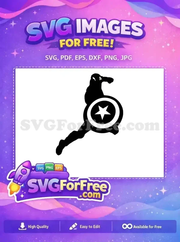A free Captain America silhouette SVG, dynamically posed with his iconic shield, ready for action. Perfect for crafts.