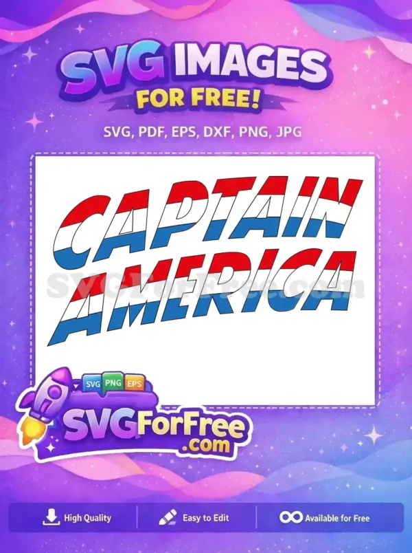 Free Captain America logo text with red, white, and blue stripes. A dynamic free SVG design for patriotic projects.