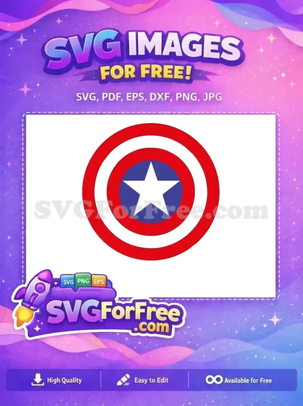 A vibrant free Captain America shield vector, showcasing its patriotic red, white, and blue concentric circles with a bold white star. This free design is perfect for fans.