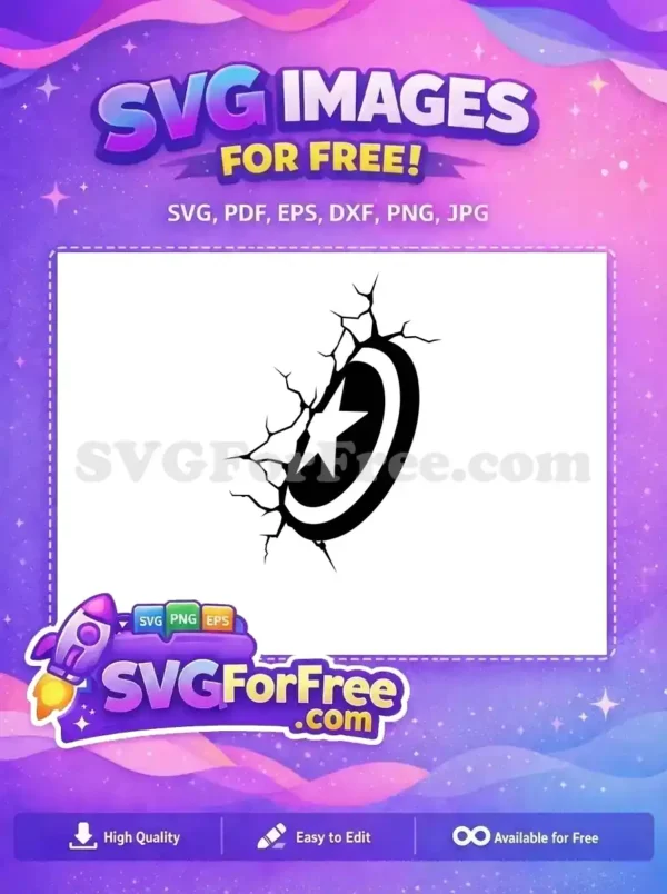 A powerful free Captain America shield design, appearing to crack through a surface with jagged lines. Bold and impactful, ready for your projects.