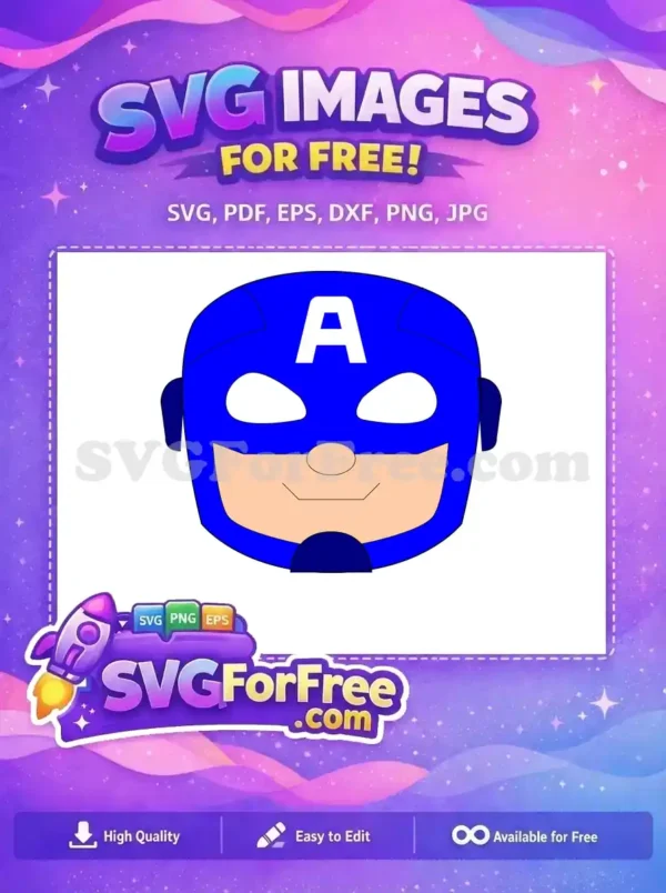 A vibrant free design of a blue superhero mask with a white 'A' and eye cutouts, resembling Captain America, clearly visible.