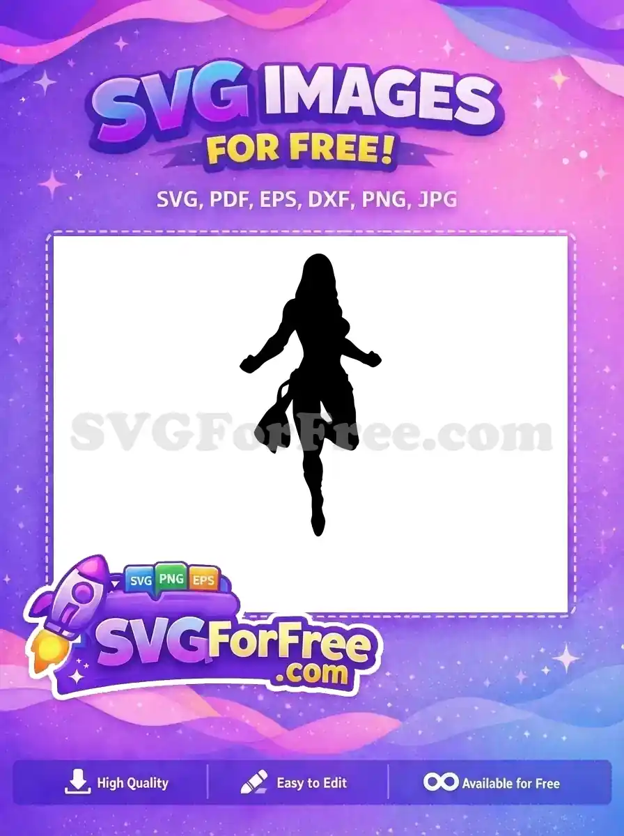 A powerful free female superhero silhouette, dynamically posed. This free SVG is ideal for diverse creative projects.