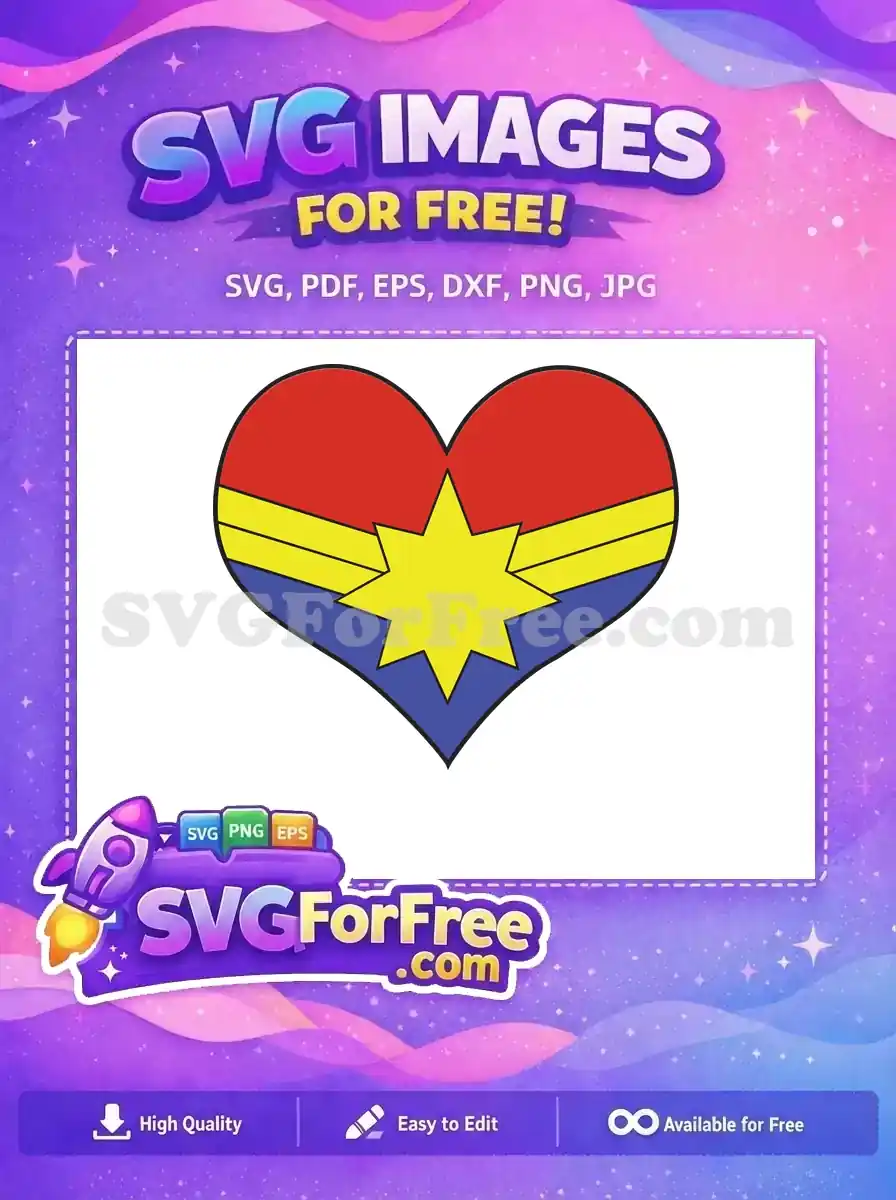 Free Captain Marvel heart logo SVG, a vibrant red, yellow, and blue design with a starburst, ideal for fans.