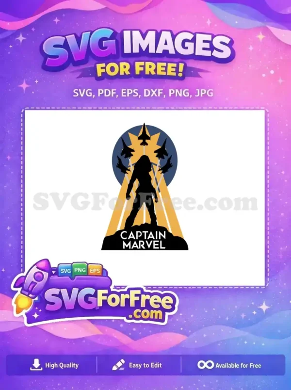 A striking free Captain Marvel silhouette with fighter jets against a starburst, capturing heroic power.