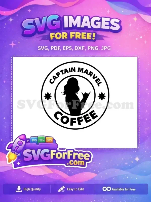 Free Captain Marvel Coffee logo SVG, featuring a female superhero silhouette with a shaka gesture in a bold circular design. Enjoy this free download for fans!