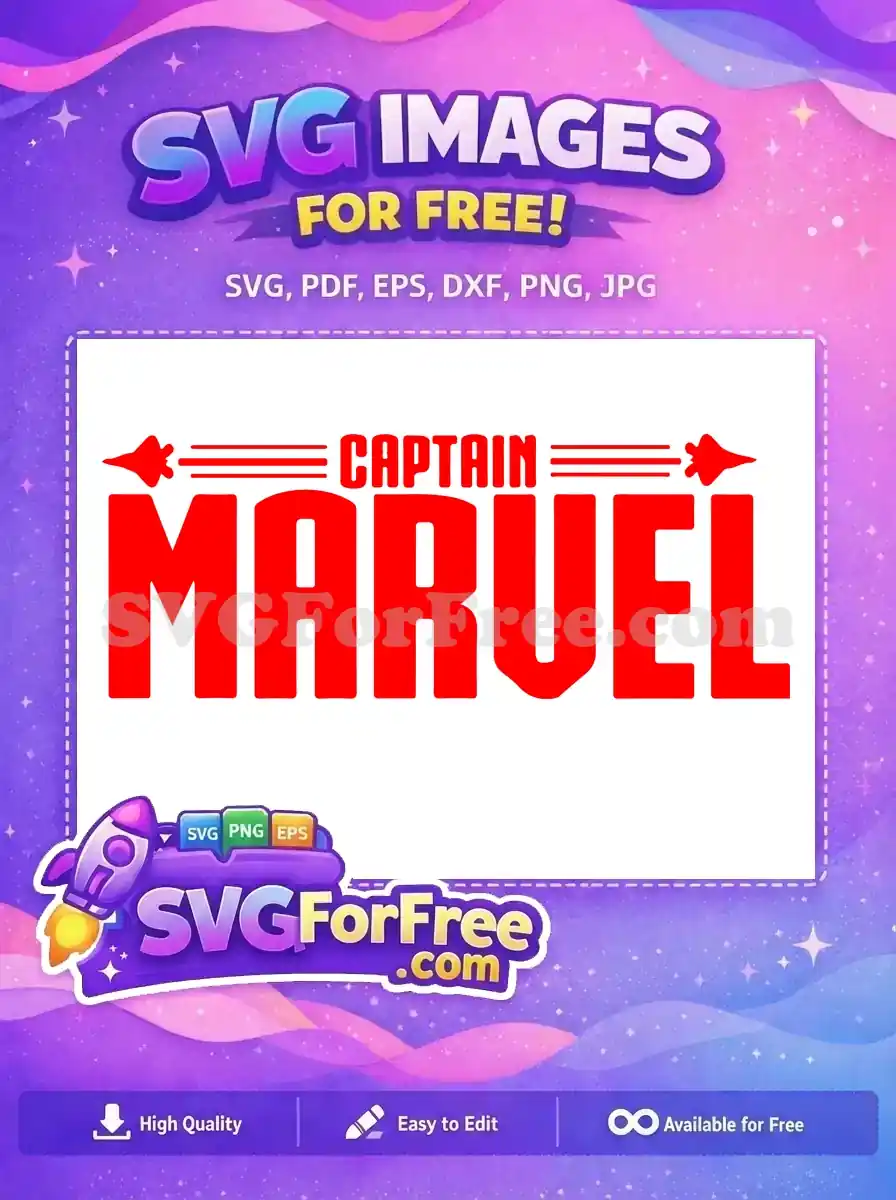 A vibrant red Captain Marvel logo, featuring bold text and sleek jet graphics. Download this free hero design now!