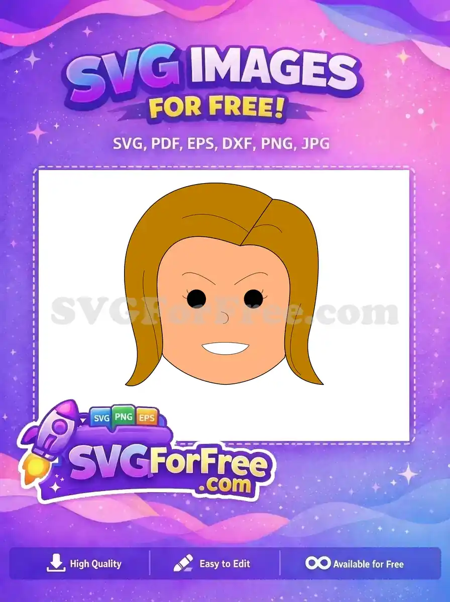 A free cartoon female face with brown hair and a friendly smile, ideal for diverse projects. Download this free design now!