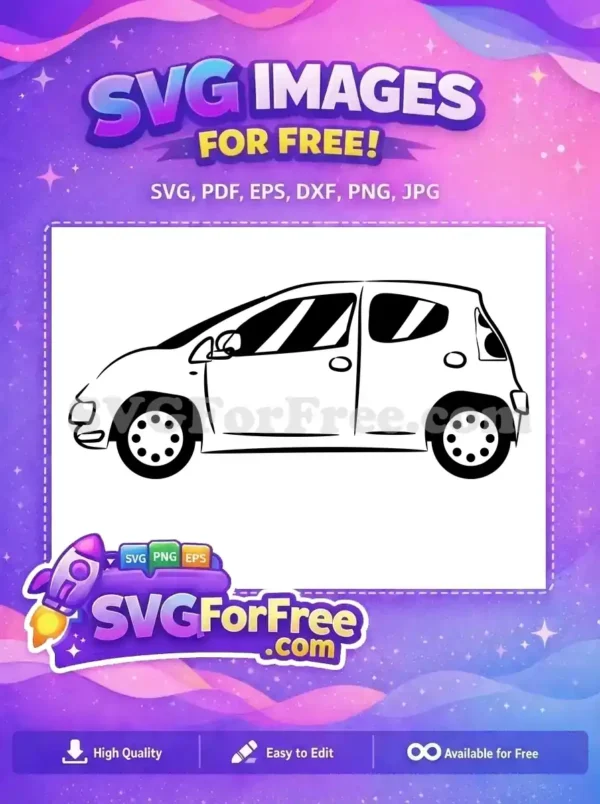 Discover this free vector drawing of a stylish compact hatchback car, presented in a clean black and white side profile, ideal for crafting.
