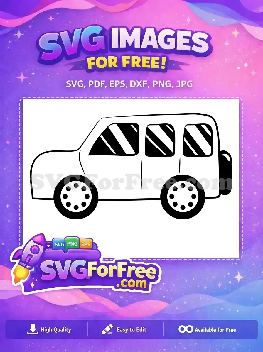 A free SVG of a charming, hand-drawn style SUV or jeep, depicted in black and white profile, complete with a spare tire.