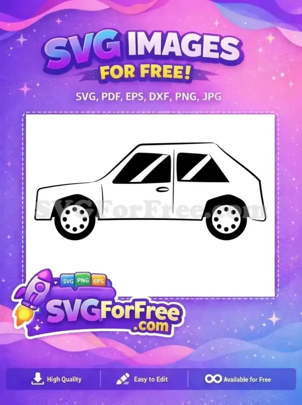 Free Car SVG Design – Simple Sedan Vector for Projects A clean, minimalist free car design, side view of a four-door sedan with black windows and wheels. Perfect for free creative projects.