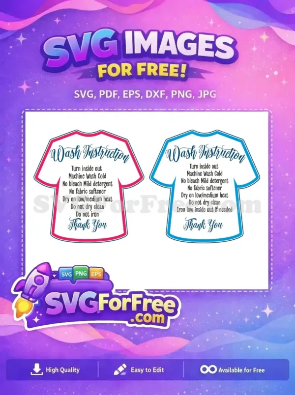 Free pink t-shirt outline with detailed wash instructions for garment care, a versatile free design for crafters.
