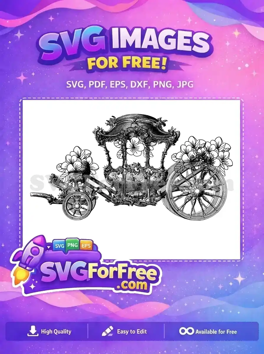 Free ornate vintage carriage SVG featuring intricate scrollwork, large wheels, and beautiful floral embellishments.
