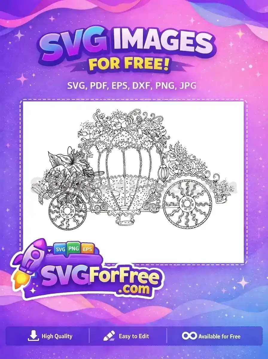 A free, intricate floral pumpkin carriage line art, perfect for coloring. This free design features whimsical details and ornate wheels.