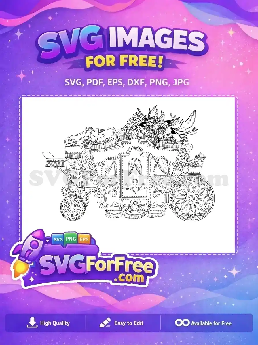 A free ornate vintage fairytale carriage SVG, featuring intricate scrollwork, floral accents, and elegant wheels. Ideal free design for enchanting projects.