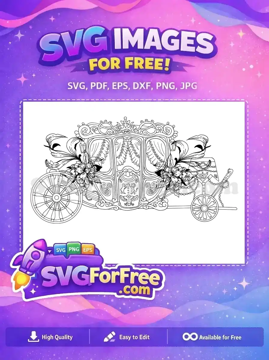A detailed, free SVG outline of a grand, ornate vintage carriage, featuring intricate scrollwork, floral accents, and a regal crest. This free design is ideal for crafting.