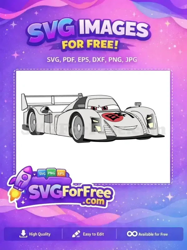Dynamic free Japanese racing car SVG, featuring a smiling face, large spoiler, and national flag emblem. Instant download!