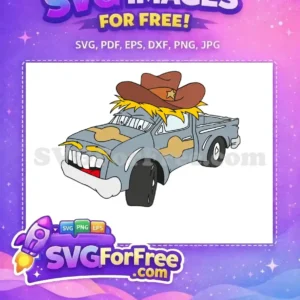 Discover this free design: a quirky cartoon pickup truck wearing a cowboy hat, featuring a wide, toothy grin. A playful free vector.
