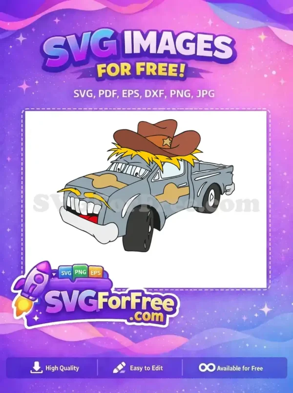 Discover this free design: a quirky cartoon pickup truck wearing a cowboy hat, featuring a wide, toothy grin. A playful free vector.