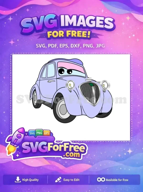 A free periwinkle cartoon vintage car with friendly eyes on the windshield, showcasing a delightful free vector design.