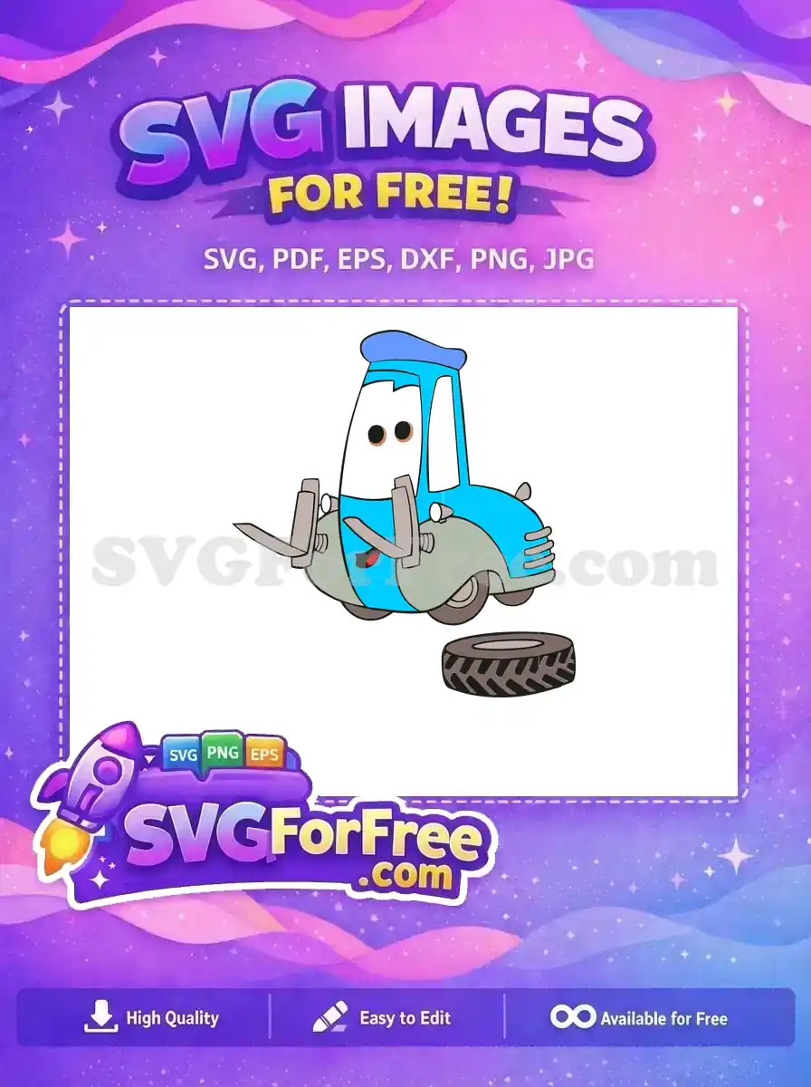 A vibrant, free design of a happy blue cartoon forklift with a beret and detached tire, ideal for playful projects. This free SVG is ready for your creative endeavors, a charming free asset.