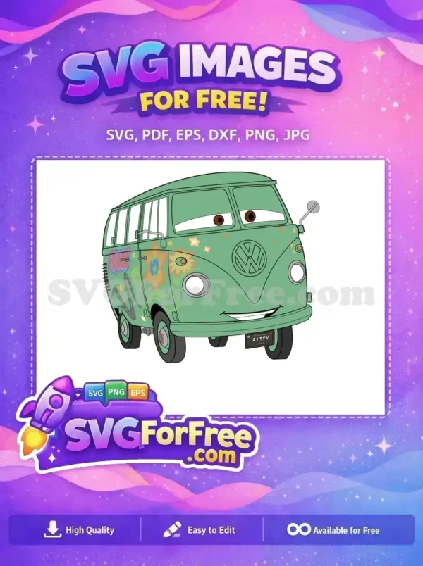 A free, vibrant SVG of Fillmore, the iconic green hippie van, adorned with peace signs and flowers, perfect for free creative projects.