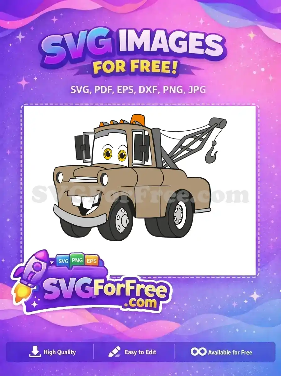 A free friendly cartoon tow truck, resembling Mater, with big yellow eyes and a cheerful smile. This free design is perfect for children's themes.