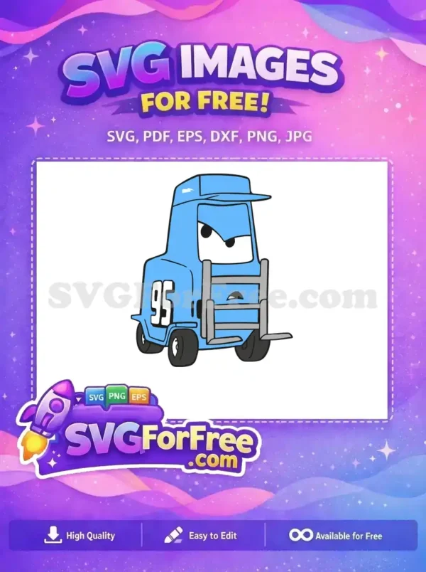 A free design of a light blue cartoon truck, number 95, with a grumpy face and front bumper. Download this free vector now!