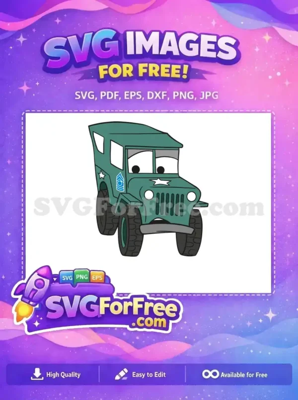 A free cartoon military jeep SVG, dark green with expressive sad eyes and a frown, featuring stars and a rank insignia.