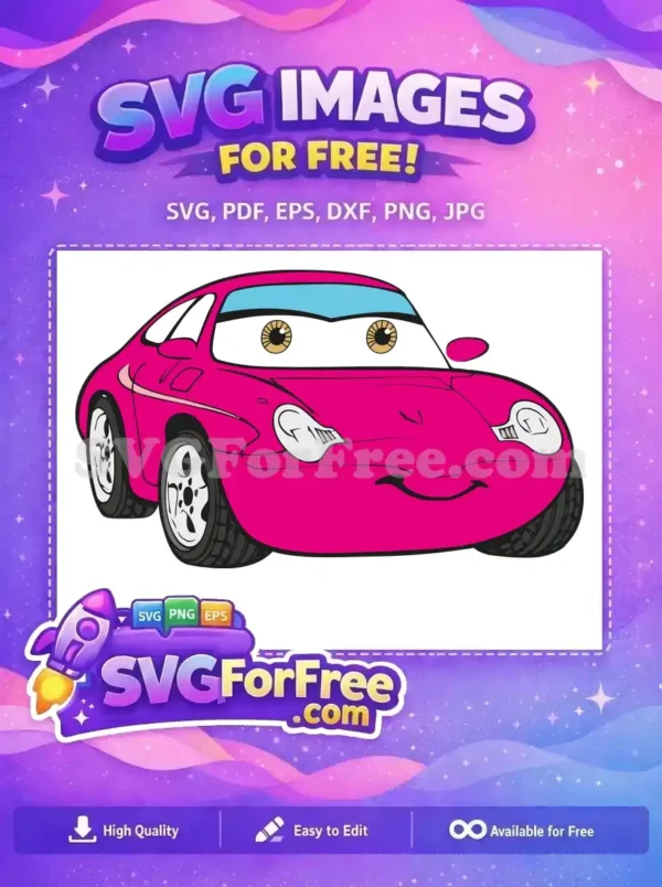 A charming free cartoon pink car with friendly eyes and a smile, ready for any creative project. This free design is perfect for children's themes.