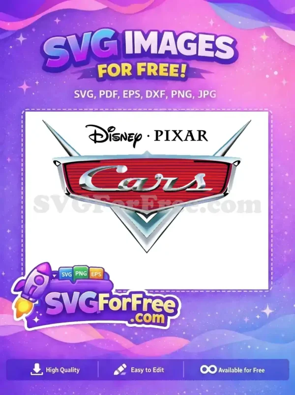 Free Disney Pixar Cars logo SVG, featuring the classic movie title in chrome on a red striped shield with fins.