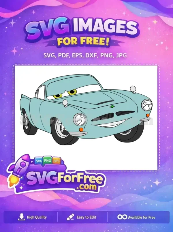 A free light blue cartoon classic car with big yellow animated eyes and a cheerful smile, ready for your designs.