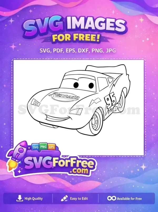 Free Lightning McQueen coloring page design, featuring the iconic '95' race car from Disney Cars, ready for vibrant colors.