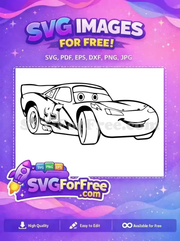A free design of Lightning McQueen, the iconic race car, in black and white line art, ready for coloring or cutting.