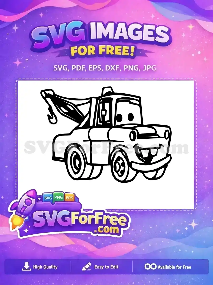 A free adorable black and white outline of Mater the tow truck, smiling. This free SVG is ideal for kids' activities.