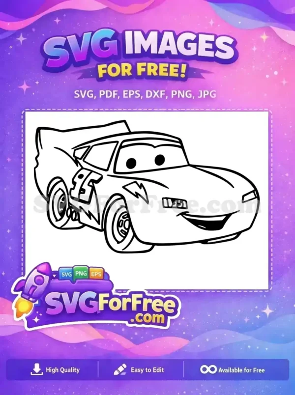 Detailed free outline SVG of Lightning McQueen from Cars, ready for coloring. A fantastic free design for kids to enjoy creative fun.