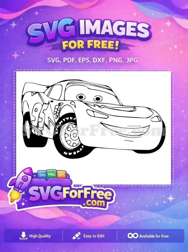 A dynamic free design of Lightning McQueen, the iconic race car, ready for coloring and craft projects. Get this free SVG today!