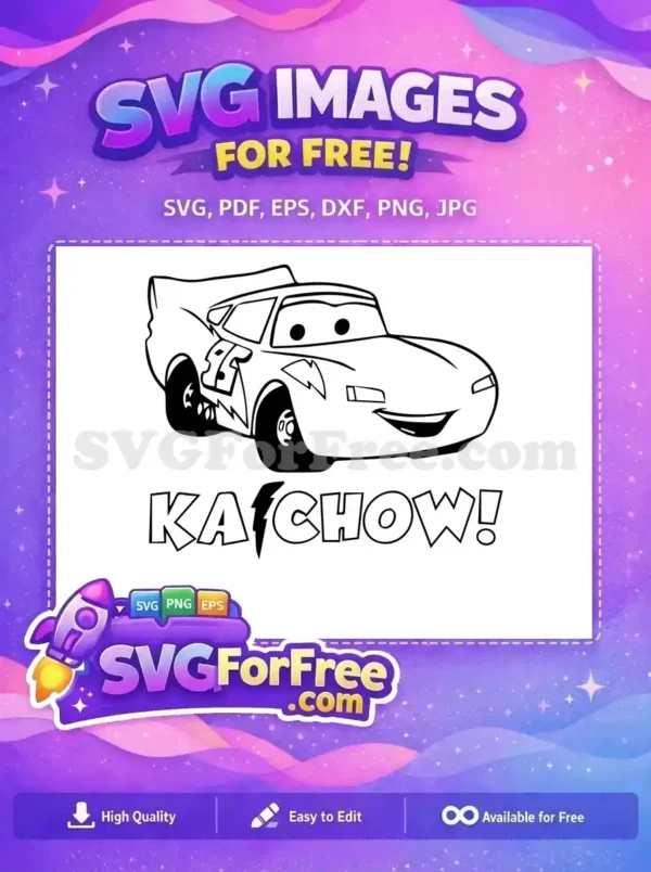 Free Lightning McQueen 'Kachow!' SVG outline design, perfect for coloring or crafting projects. Download this free vector now!