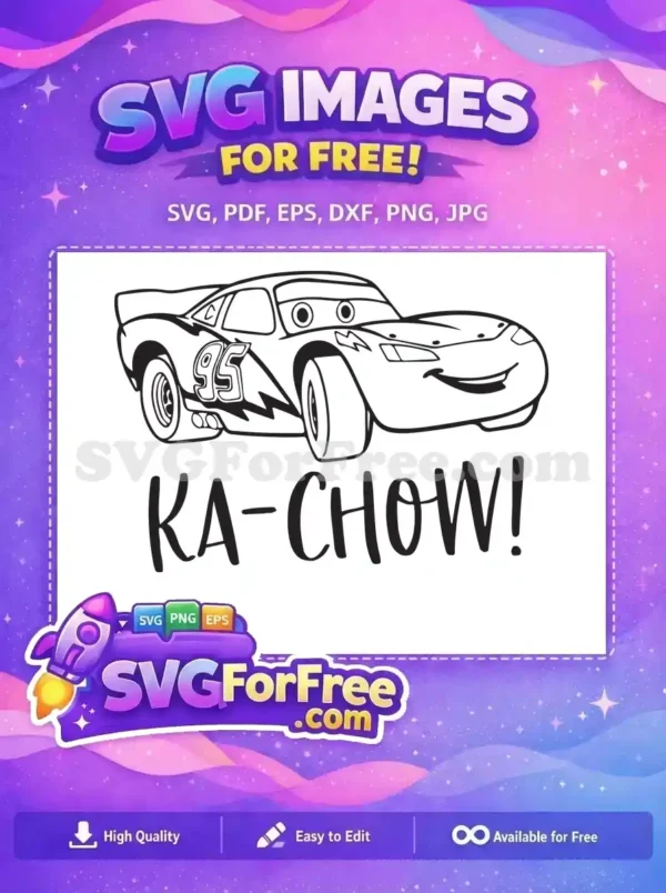 A free design of a happy cartoon race car with "95" and "KA-CHOW!" text, ideal for children's projects.