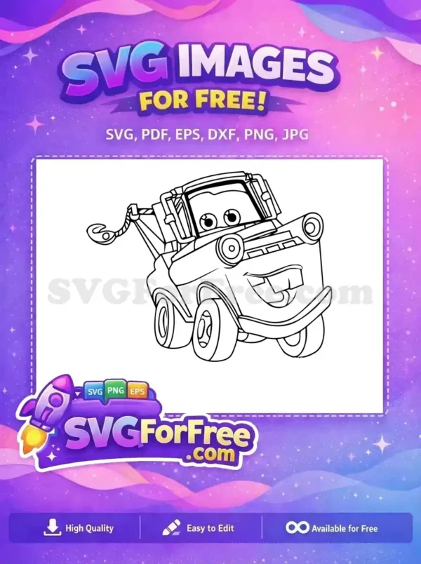 A charming free design of Mater, the friendly tow truck from Cars, in a clear outline style, ready for your creative free projects.