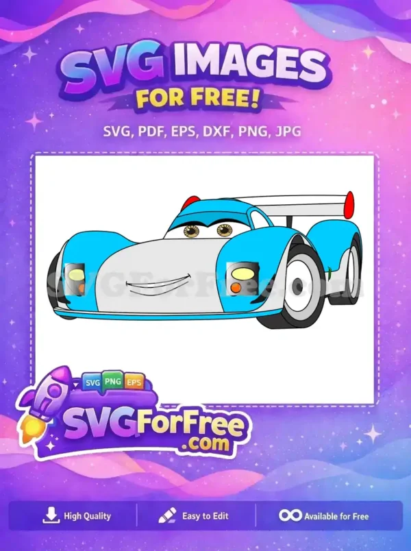 Front view of a friendly, light blue and grey cartoon race car. This free SVG design features expressive eyes and a sporty look, perfect for fun projects.