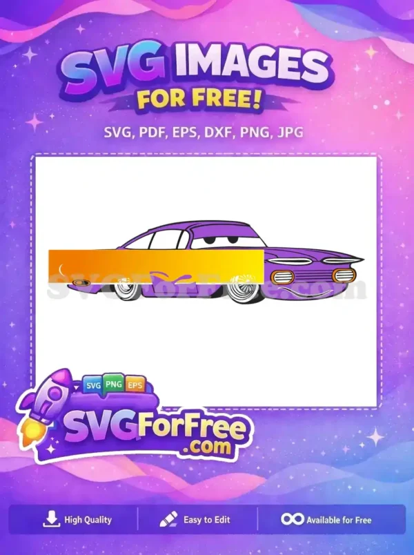 A vibrant free SVG of a friendly purple cartoon car with expressive eyes and a smiling grille, perfect for free creative projects.