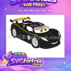 Dynamic free SVG of a black cartoon racing car with Castrol branding, yellow accents, and expressive cartoon eyes.