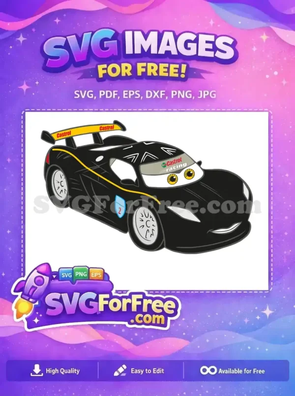Dynamic free SVG of a black cartoon racing car with Castrol branding, yellow accents, and expressive cartoon eyes.
